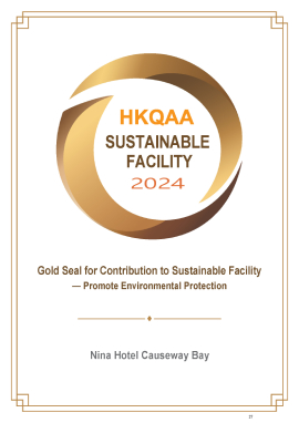 Nina Hotel Causeway Bay Gold Seal for Contribution to Sustainable Facility - Promote Environmental Protection 2024